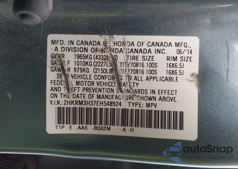 2014 Honda Cr-V Lx z USA, uszkodzony, nr VIN 2HKRM3H37EH548924